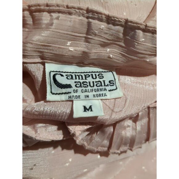 Vintage Silky Ruffle Puff Sleeve Blouse Long Sleeve Pink Jacquard Dot Campus M - Picture 5 of 5